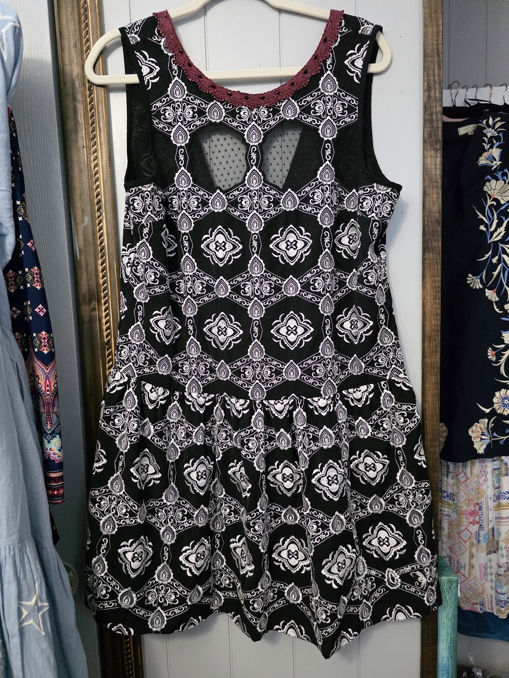 Free People Black & White Never Worn Sleeveless Dress with Burgundy Trim